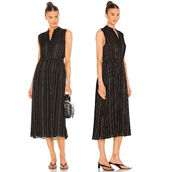 VINCE Draped Pinstripe A-Line Midi Black Dress Striped Coastal Preppy Minimalist - Picture 2 of 15